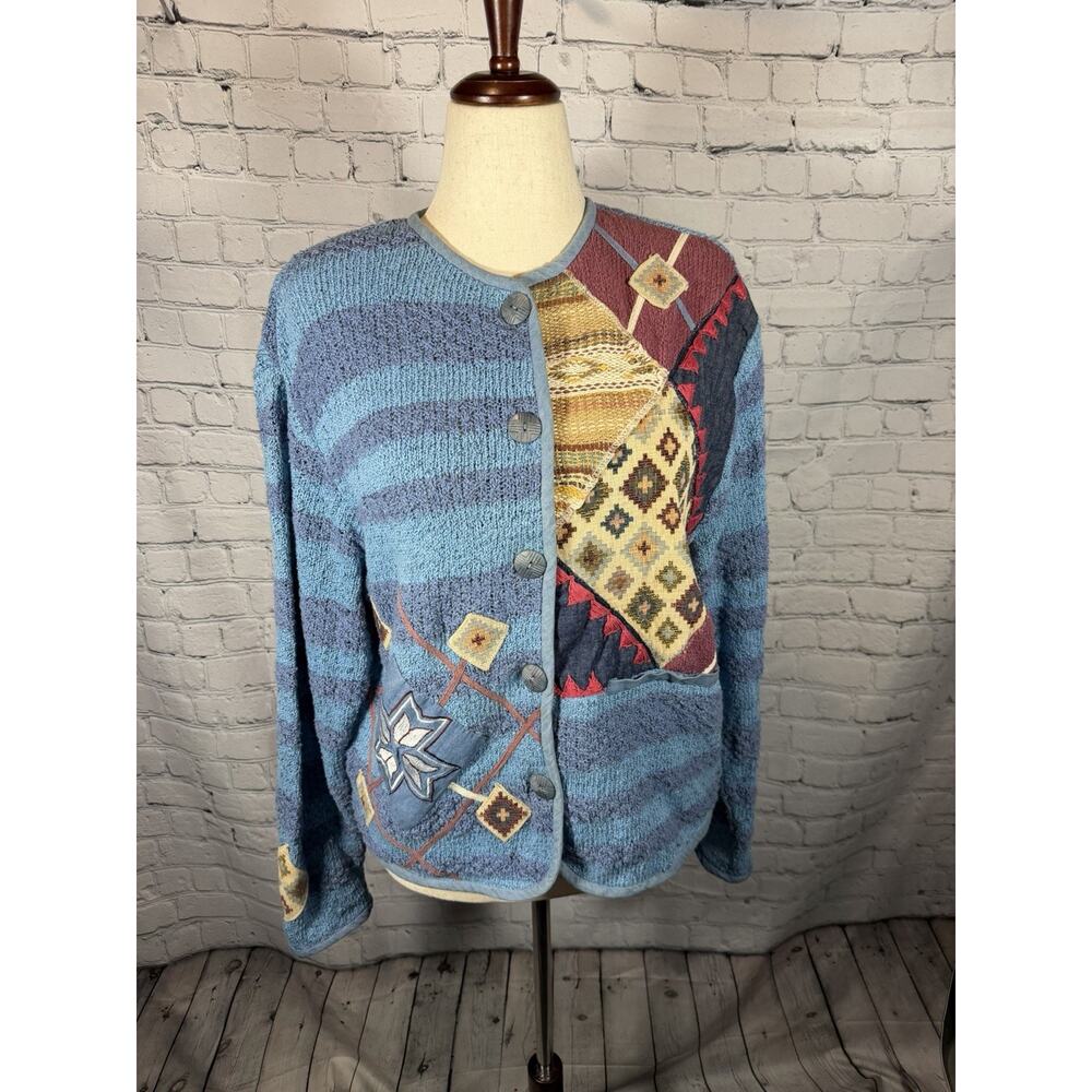 Coldwater Creek Blue Knit Patchwork Aztec Design Cardigan‎ Medium